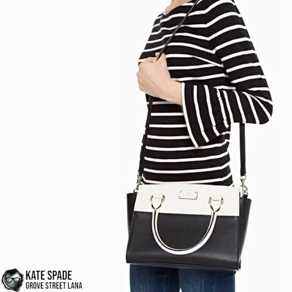 KATE SPADE GROVE STREET LANA LEATHER SATCHEL IN BLACK/CREAM WITH CROSSBODY STRAP